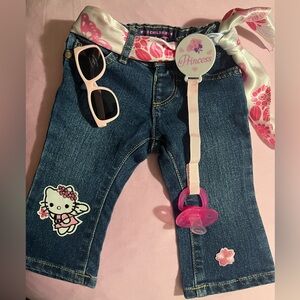 Baby girl recycled jeans w/ sunglasses & removable pacifier clip